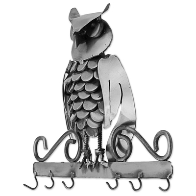 Recycled auto part key rack, 'Gateway Owl' - Upcycled Auto Part Key Rack Owl from Mexico