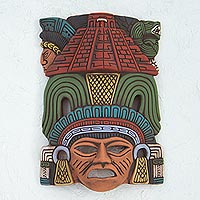 Máscara de cerámica, 'Pirámide Maya' - Máscara de pared maya de cerámica pintada a mano de México