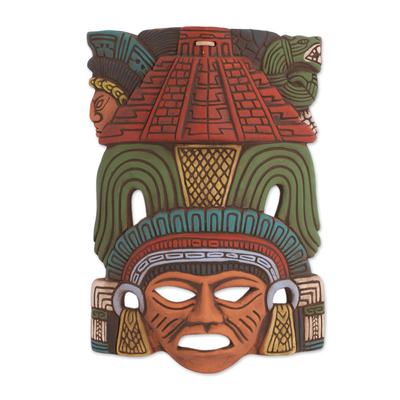 Ceramic mask, 'Mayan Pyramid' - Hand Painted Ceramic Mayan Wall Mask from Mexico