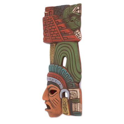 Ceramic mask, 'Mayan Pyramid' - Hand Painted Ceramic Mayan Wall Mask from Mexico