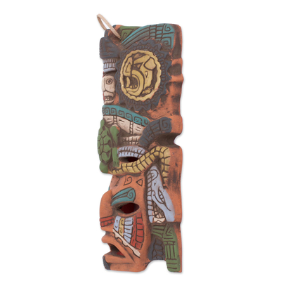 Máscara de cerámica, 'Tortuga Sol y Luna' - Máscara de tortuga maya de cerámica pintada a mano de México