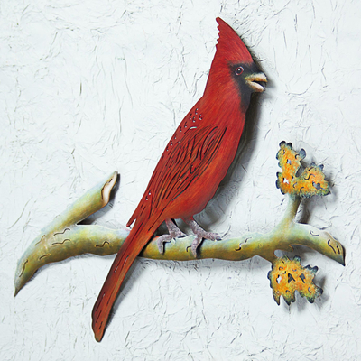 Stahlwandkunst, 'Glücklicher Kardinal - Handgefertigte Kardinal-Wandskulptur aus Stahl aus Mexiko