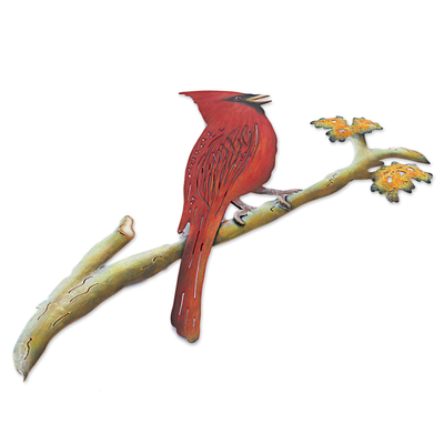 Arte de pared de acero, 'Happy Cardinal' - Escultura de arte de pared cardenal de acero hecha a mano de México