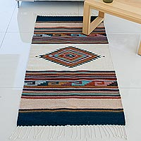 Wool area rug, 'Antique White Diamond' (5 x 2.5 feet) - Hand Woven Multicolored Geometric Wool Area Rug from Mexico