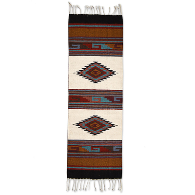 Wool runner rug, 'Two Diamond Lane' (4 x 1.5 feet) - Geometric Antique White Multicolored Wool Runner Rug Mexico