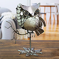 Recycled auto part sculpture, 'Owl on a Branch'