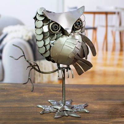 Recycled auto part sculpture, 'Owl on a Branch' - Recycled Auto Part Sculpture of an Owl from Mexico