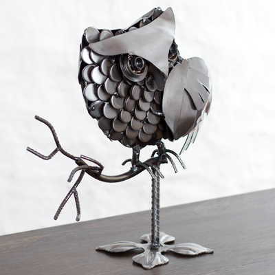 Recycled auto part sculpture, 'Owl on a Branch' - Recycled Auto Part Sculpture of an Owl from Mexico