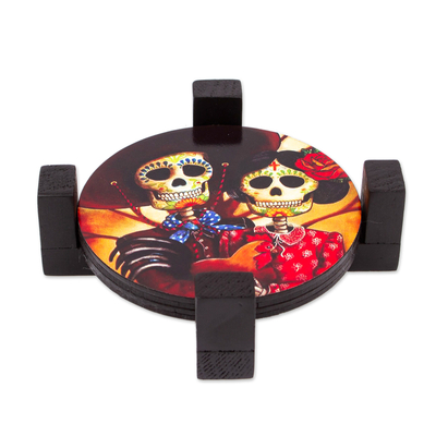 Decoupage wood coasters, 'Catrin and Catrina' - Wood Coasters Day of the Dead (Set of 4) from Mexico