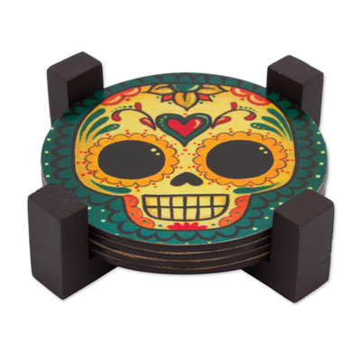 Decoupage wood coasters, 'Loving Skull' (set of 4) - 4 Day of the Dead Smiling Skulls Decoupage Wood Coaster Set