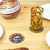 Posavasos de madera decoupage, (juego de 4) - Posavasos de madera de pino con base de calavera (lote de 4) de México