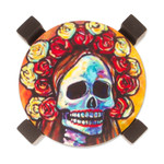 Decoupage wood coasters, 'Skeleton Bride' (set of 4) - Pinewood Coasters with Base Skull (Set of 4) from Mexico