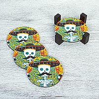Decoupage wood coasters, 'Mustachioed Skull'