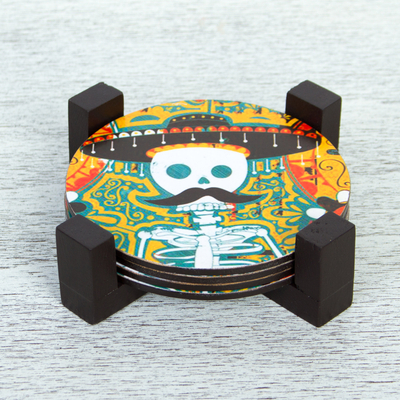 Decoupage wood coasters, 'Mustachioed Skull' - Day of the Dead Decoupage Pinewood Coasters from Mexico