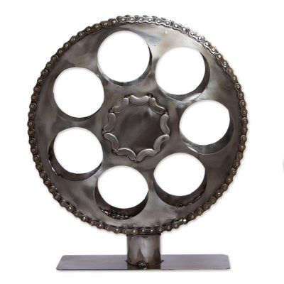 Upcycled auto parts wine rack, 'Film Reel' - Recycled Auto Parts Wine Rack from Mexico