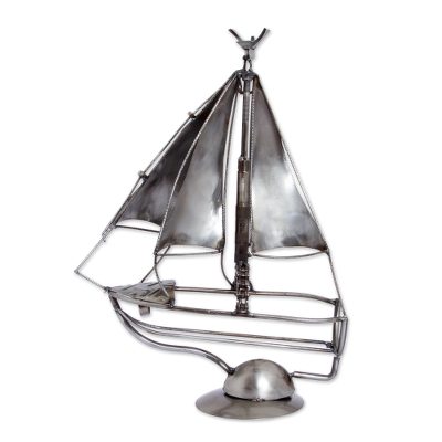 Recycled auto parts bottle holder, 'Sail Away' - Recycled Metal Auto Parts Sailboat Bottle Holder