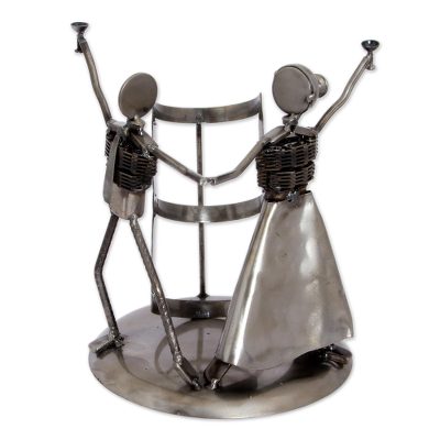 Recycled auto parts bottle holder, 'Happy Pair' - Handmade Recycled Auto Parts Bottle Holder from Mexico