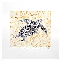 'Tortuga, ve a la orilla' - Impresión grabada firmada de una tortuga marina de México