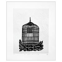 'Los pájaros están en su lugar' - Impresión grabada de edición limitada de una jaula para pájaros de México
