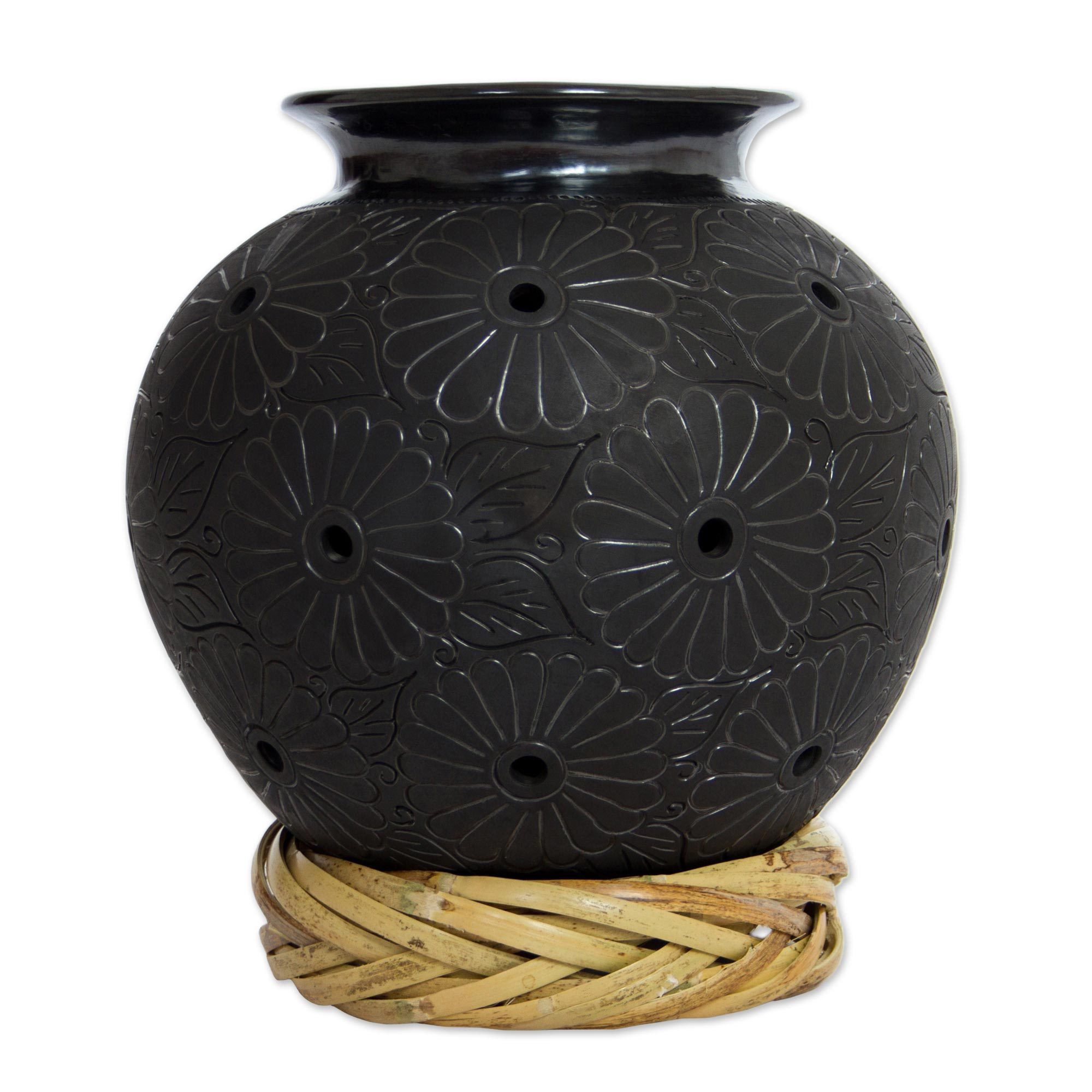 15inch Tall Hand Made Black Ceramic Floral Vase from Mexico Oaxaca