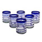 Handblown rocks glasses, 'Cobalt Spiral' (set of 6) - Set of Six Hand Blown Recycled Rocks Glasses