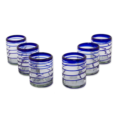 Rocks glasses, 'Cobalt Spiral' (set of 6) - Set of Six Hand Blown Recycled Rocks Glasses