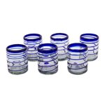 Handblown rocks glasses, 'Cobalt Spiral' (set of 6) - Set of Six Hand Blown Recycled Rocks Glasses