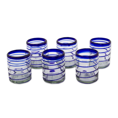 Rocks glasses, 'Cobalt Spiral' (set of 6) - Set of Six Hand Blown Recycled Rocks Glasses