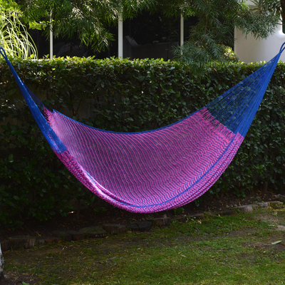 Universeel conjunctie Einde Hand Woven Pink and Blue Nylon Hammock from Mexico (Double) - Berry Blossom  | NOVICA