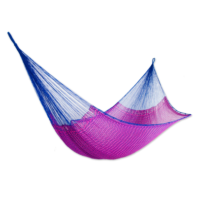 Hammock, 'Berry Blossom' (double) - Hand Woven Pink and Blue Nylon Hammock from Mexico (Double)