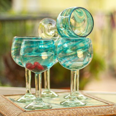 3 Hand Blown Aqua Blue Textured Wine Glasses Mexican White Swirl