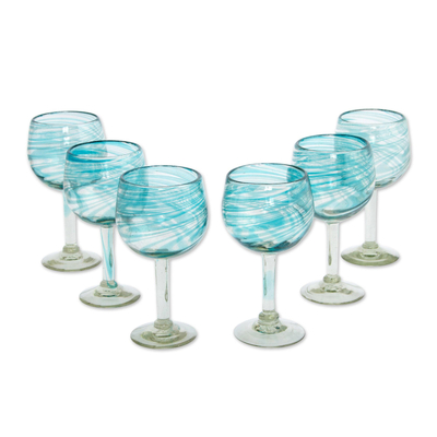 Blown wine glasses, 'Elegant Aqua Swirl' (set of 6) - Set of 6 Recycled Hand Blown Aqua Wine Glasses from Mexico