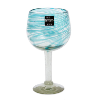 Blown wine glasses, 'Elegant Aqua Swirl' (set of 6) - Set of 6 Recycled Hand Blown Aqua Wine Glasses from Mexico
