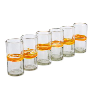 Blown glass highball, 'Ribbon of Sunshine' (set of 6) - Set of 6 Blown Recycled Glass Tumblers with Orange Stripe