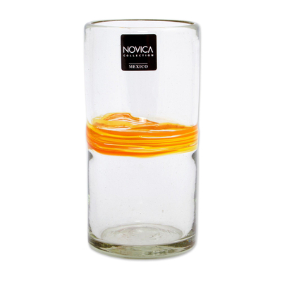 Highball de vidrio soplado, (juego de 6) - Set de 6 Vasos de Vidrio Soplado Reciclado Naranja/Raya Amarilla