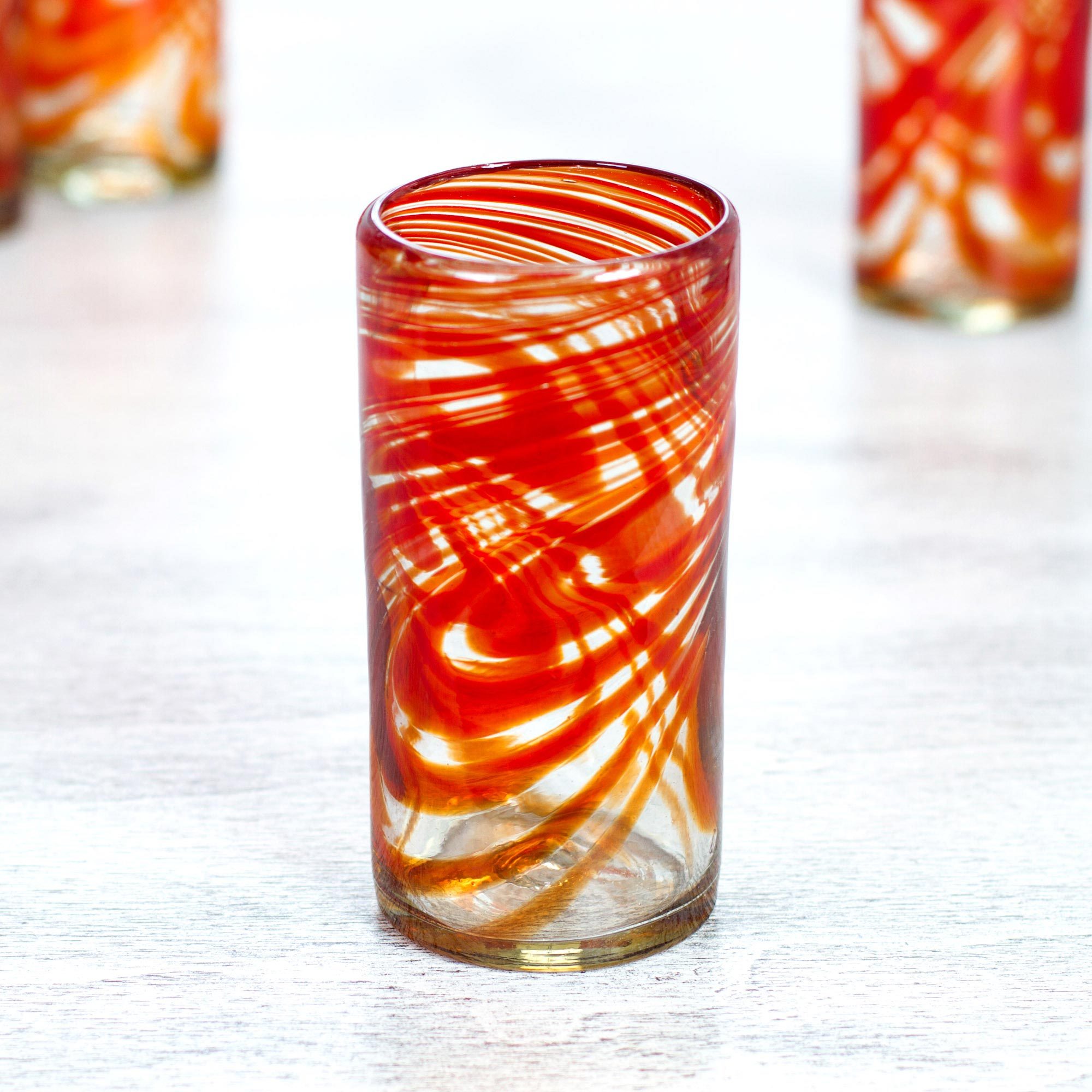 Set of 6 Hand Blown Recycled Glass Red Highball Glasses Artistic