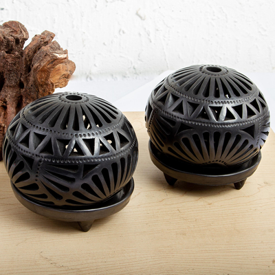 Ceramic tealight candleholders, 'Daisy Symmetry' (pair) - 2 Floral Theme Oaxaca Black Pottery Tealight Candleholders