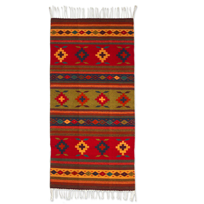 Wool rug, 'Geometric Flower' (2.5x5) - Multicolor Wool Rug with Geometric Pattern (2.5x5)
