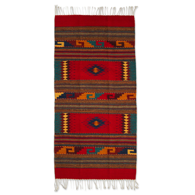 Wool rug, 'Double Diamond' (2.5x5) - Red Geometric Wool Rug from Mexico (2.5x5)