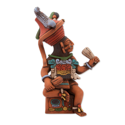 Ceramic sculpture, 'Maya Governor of Uaxactun' - Original Signed Ceramic Sculpture of Antique Maya Governor