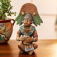 Escultura de cerámica, 'Maya con Chu Vessel' - Escultura de cerámica original del hombre maya antiguo firmada por el artista