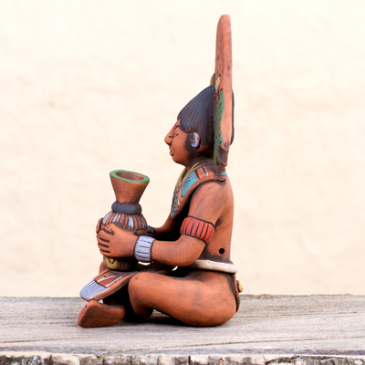 Ceramic sculpture, 'Maya with Chu Vessel' - Antique Maya Man Original Ceramic Sculpture Signed by Artist