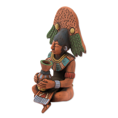 Ceramic sculpture, 'Maya with Chu Vessel' - Antique Maya Man Original Ceramic Sculpture Signed by Artist