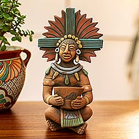 Escultura de cerámica, 'Maya con olla' - Escultura de cerámica original muy detallada de un hombre maya