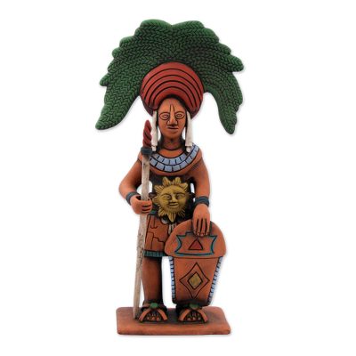 Ceramic sculpture, 'Maya Sun Warrior' - Original Signed Ceramic Sculpture of a Maya Sun Warrior