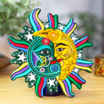 Ceramic wall adornment, 'Starlit Eclipse' - Green Saffron Eclipse Wall Adornment Sculpture Stars Birds