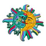 Ceramic wall adornment, 'Starlit Eclipse' - Green Saffron Eclipse Wall Adornment Sculpture Stars Birds