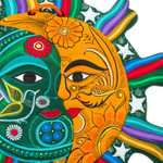 Ceramic wall adornment, 'Starlit Eclipse' - Green Saffron Eclipse Wall Adornment Sculpture Stars Birds