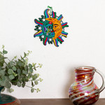 Ceramic wall adornment, 'Starlit Eclipse' - Green Saffron Eclipse Wall Adornment Sculpture Stars Birds