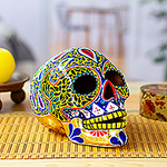 Hand Painted 12k Gold Ceramic Skull Sculpture from Mexico, 'Carnival Skull'